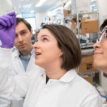 Seeking ways to prevent and treat immunotherapy side effects are Alexandra-Chloé Villani, PhD, (center), Daniel Zlotoff, MD, PhD, (left) and Kasidet Manakongtreecheep.