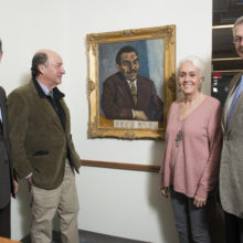 From left, James Brink, MD, chief of Radiology; Hartley Neel, MD; Ginny Neel; and Dr. Brit Nicholson, MD, senior vice president for Development, with a painting Dr. Neel donated to Mass General.