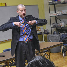 David R. King, MD, visits schools to instruct teachers and nurses on the proper use of a tourniquet.
