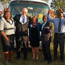 The First Mile program launch in Uganda, from left: Grace Namboze, head of nursing at MUST; Stephen Schwartz of the Wyss Medical Foundation; Pat Daoust, associate director of nursing for Mass General Global Health; MUST Vice Chancellor Celestino Obua; and Stephen Asiimwe, program director of the MUST-MGH Global Health Cooperative.