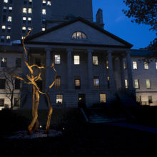Pictured at night, the artwork titled "Open Arms" was created by philanthropist Harold Grinspoon, whose sculptures are made from fallen trees.
