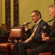 Peter Masiakos, MD, of Mass General (left), and Boston Police Commissioner William Evans discuss the intersection of health, law enforcement and gun-violence prevention.