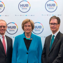 Left to Right: MGH President Peter L. Slavin, MD; MIT President L. Rafael Reif, PhD; Harvard University President Drew Faust, PhD; John Henry, owner and publisher of The Boston Globe; and Linda Pizzuti Henry, HUBweek chairwoman