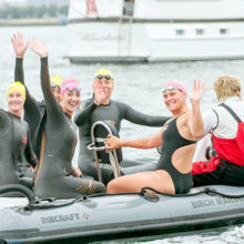 From left, Kitty Tetreault with Olympic swimmers Carlton Bruner, Kristy Kowal, Janel Jorgensen McArdle and Heather Petri. Swim Across America.