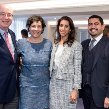 Visiting in London are, from left, Mass General President Peter L. Slavin, MD; his wife, Lori; Sarah Yamani and her husband Malik Dahlan.