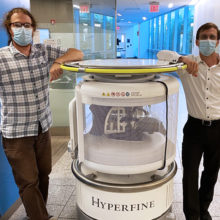 Matt Rosen, PhD and W. Taylor Kimberly, MD, PhD, shown with the Hyperfine portable MRI now is use at Mass General.