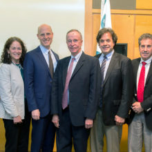 Henry McCance (center) with (from left) Peter L. Slavin, MD, president, Mass General; Merit Cudkowicz, MD, chief of Neurology; Jonathan Rosand, MD, chief of the Division of Neurocritical Care and Emergency Neurology; Rudolph Tanzi, PhD, director of the Genetics and Aging Research Unit in Mass General Institute for Neurodegenerative Disease; Jerrold Rosenbaum, MD, chief of Psychiatry, and Gregory Fricchione, MD, director of the Benson-Henry Institute for Mind Body Medicine.