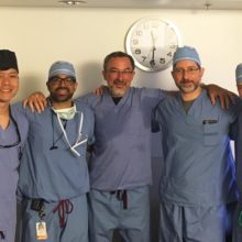 The Mass General team involved in the recent mitral valve replacement procedure included, from left, Michael Young, MD; Gaston Cudemus, MD; Ignacio Inglessis-Azuaje, MD; Jonathan Passeri, MD; and Serguei Melnitchouk, MD.
