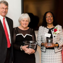 Celebrating Dr. Gaurdia Banister as inaugural incumbent of the Connell-Jones Endowed Chair in Nursing and Patient Care Research are, from the left, Dr. Britain Nicholson, Mrs. Margot Connell, Dr. Banister and Dr. Jeanette Ives Erickson
