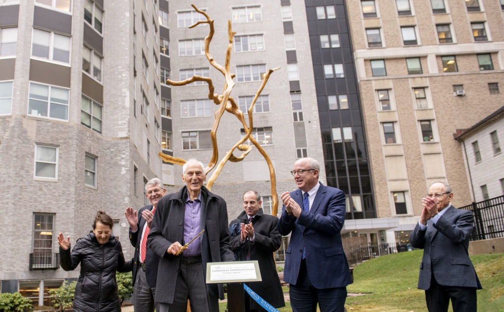 GRATEFUL GIFT: From left, Diane Troderman; Brit Nicholson, MD; Harold Grinspoon; Steven Grinspoon, MD; Peter L Slavin, MD; and Jeremy Ruskin, MD, director of the Mass General Cardiac Arrhythmia Service