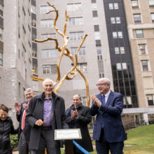 GRATEFUL GIFT: From left, Diane Troderman; Brit Nicholson, MD; Harold Grinspoon; Steven Grinspoon, MD; Peter L Slavin, MD; and Jeremy Ruskin, MD, director of the Mass General Cardiac Arrhythmia Service