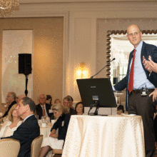 Steve Arnold, MD, PhD, (right) and Jonathan Rosand, MD, MSc, field questions following their presentation at the 12th annual Phillips Society luncheon.