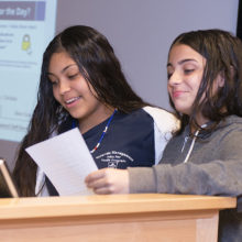 Marta Gomez Martinez and Myria Saunder - MGH Timlity Middle School participants - at the celebration of the 2018 Mass General Summer Jobs Program.