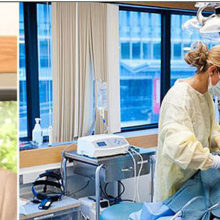 Maria Troulis, DDS, MSc, (at left in operating room photo), chief of Oral and Maxillofacial Surgery, operates on a patient alongside a resident in training.