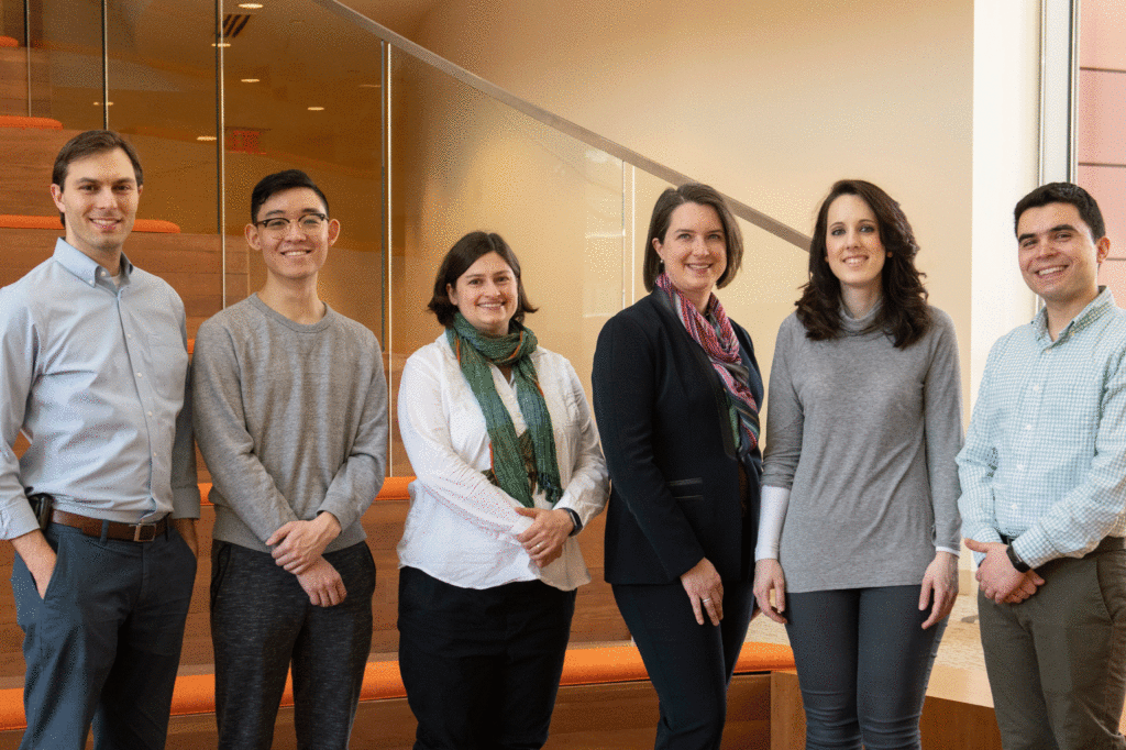 Researchers in the Villani Lab include, from left, Daniel Zlotoff, MD, PhD; Kasidet Manakongtreecheep; Molly Fisher Thomas, MD, PhD; Alexandra-Chloé Villani, PhD; Leyre Zubiri, MD, PhD; Mazen Nasrallah, MD.