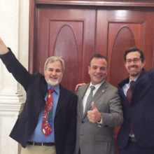 In 2018, Massachusetts became the sixth state to raise the age to 21 for tobacco and nicotine sales. Celebrating are, from left, Lester Hartman, MD, state Rep. Paul McMurtry and Jonathan Winickoff, MD, MPH.