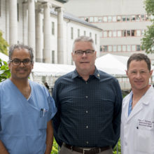 Pictured, from the left, are Aman Patel, MD; Brian Snell and James Rabinov, MD. Drs. Patel and Rabinov treated Mr. Snell at Mass General after he suffered a brain aneurysm.