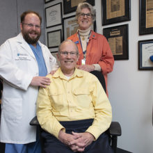 Pictured, from left, are Joshua Hirsch, MD, John MacDuffie and Karen MacDuffie, a long-time Mass General volunteer.