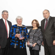 Celebrating the Carmella R. and Steven C. Kletjian Endowed Chair in Global Surgery are, from left, Britain W. Nicholson, MD, senior vice president for Development; inaugural incumbent Susan Miller Briggs, MD, MPH, FACS; Carmella Kletjian, president and founding director of the Stephen C. and Carmella R. Kletjian Foundation; and Keith D. Lillemoe, MD, chief of Surgery.