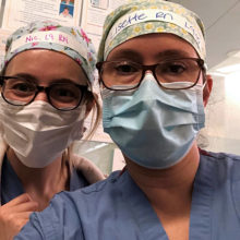 Nicole Laurino, RN (left), redeployed as an ICU nurse when her Lunder 9 oncology unit transitioned to work with COVID-19 patients. She is shown here with Lisette Packer, RN, who redeployed from Phillips House 21.