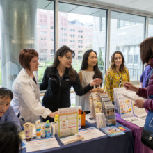Taking part in a recent presentation about sun safety are, from the left, Hensin Tsao, MD; Annmarie MacKinnon; Arianne “Shadi” Kourosh, MD, MPH; and Connie Yang, all from the Department of Dermatology, and Taylor Sheldon, a Blum Center intern.